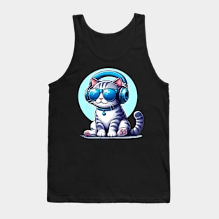 Cute cat wearing blue headphone and sunglass enjoying music Tank Top